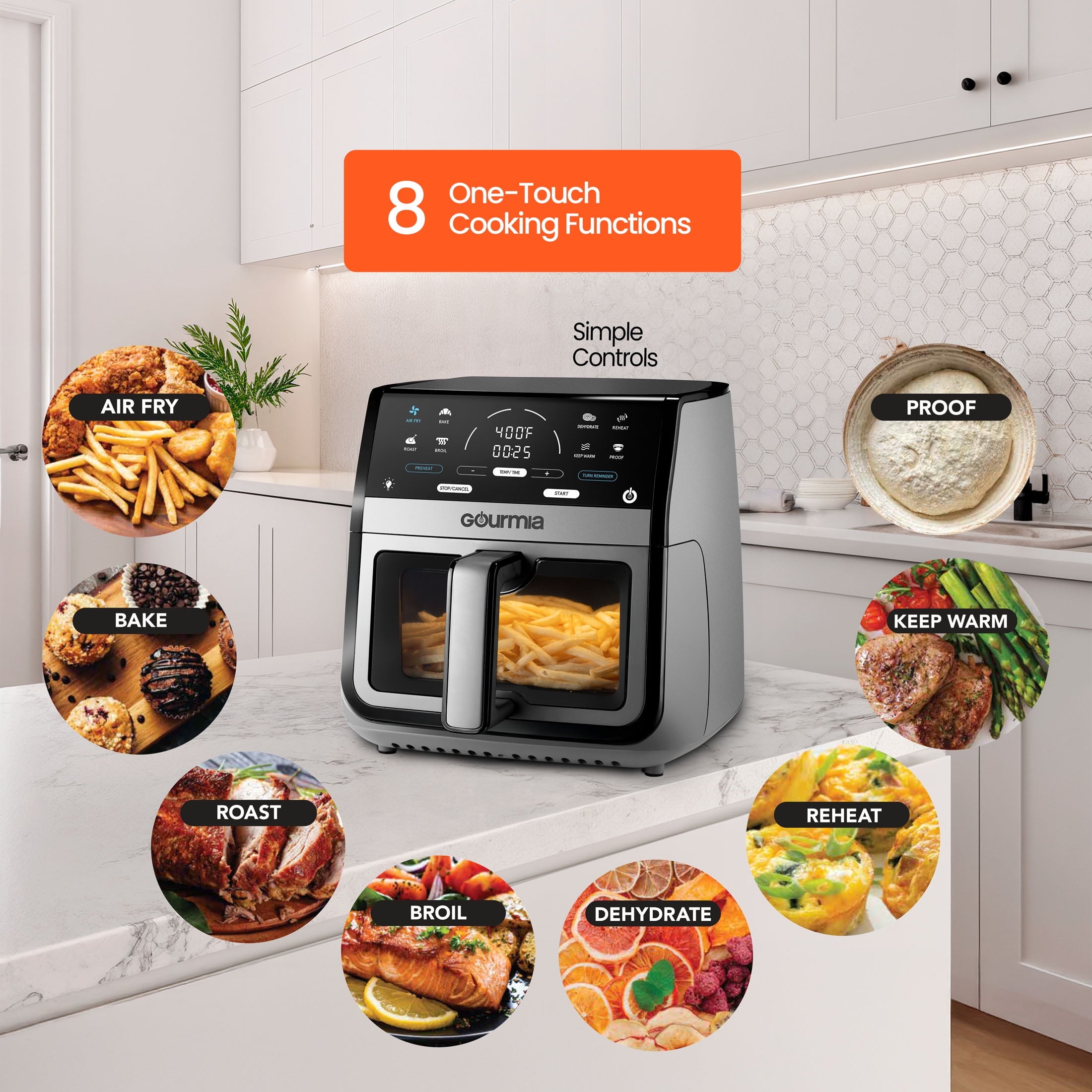 Gourmia 8 Qt Digital Window Air Fryer with 8 One-Touch Cooking Functions, Gray