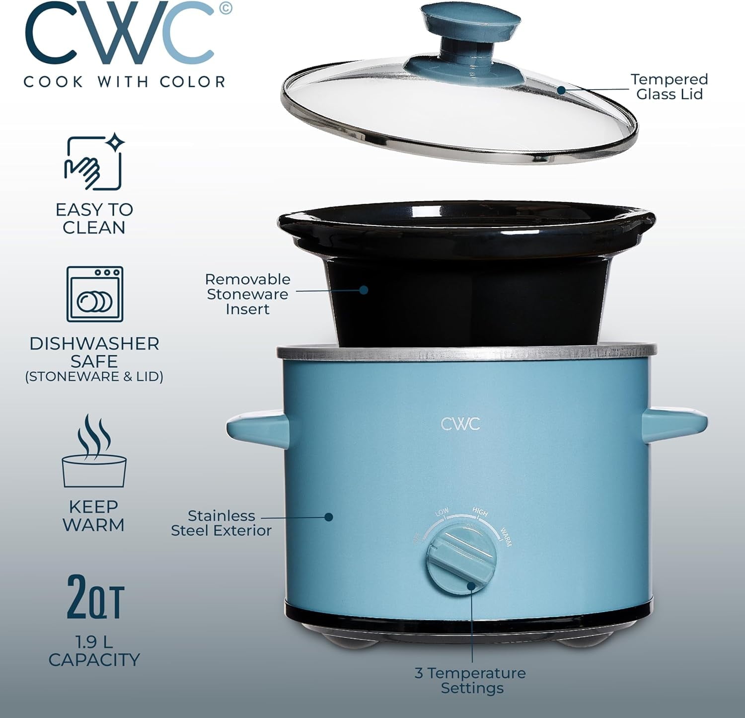 COOK WITH COLOR Slow Cooker, Crock Pot, 2-Quart Removable Stoneware Mini Crock Pot, Slate Blue