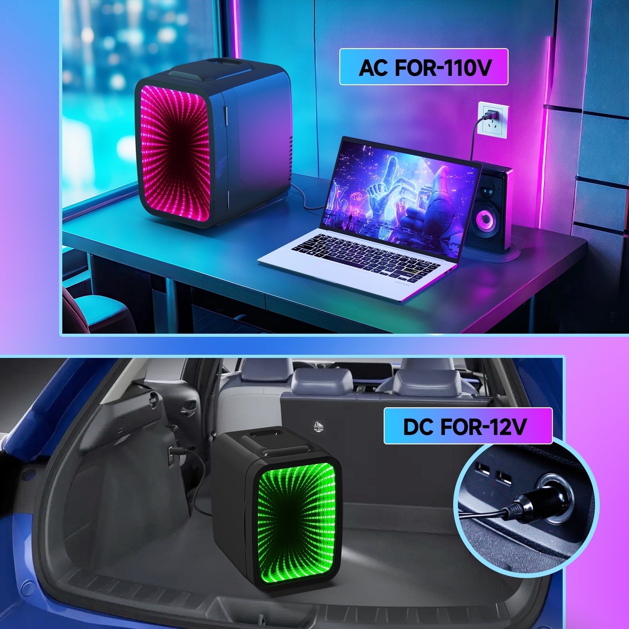 BEICHEN 4L Mini Fridge with 6-Color LED, Portable Cooler & Warmer for Bedroom, Office, Car – Quiet Thermoelectric Small Refrigerator for Skincare, Drinks & Gaming Room, AC/DC Powered (Black)