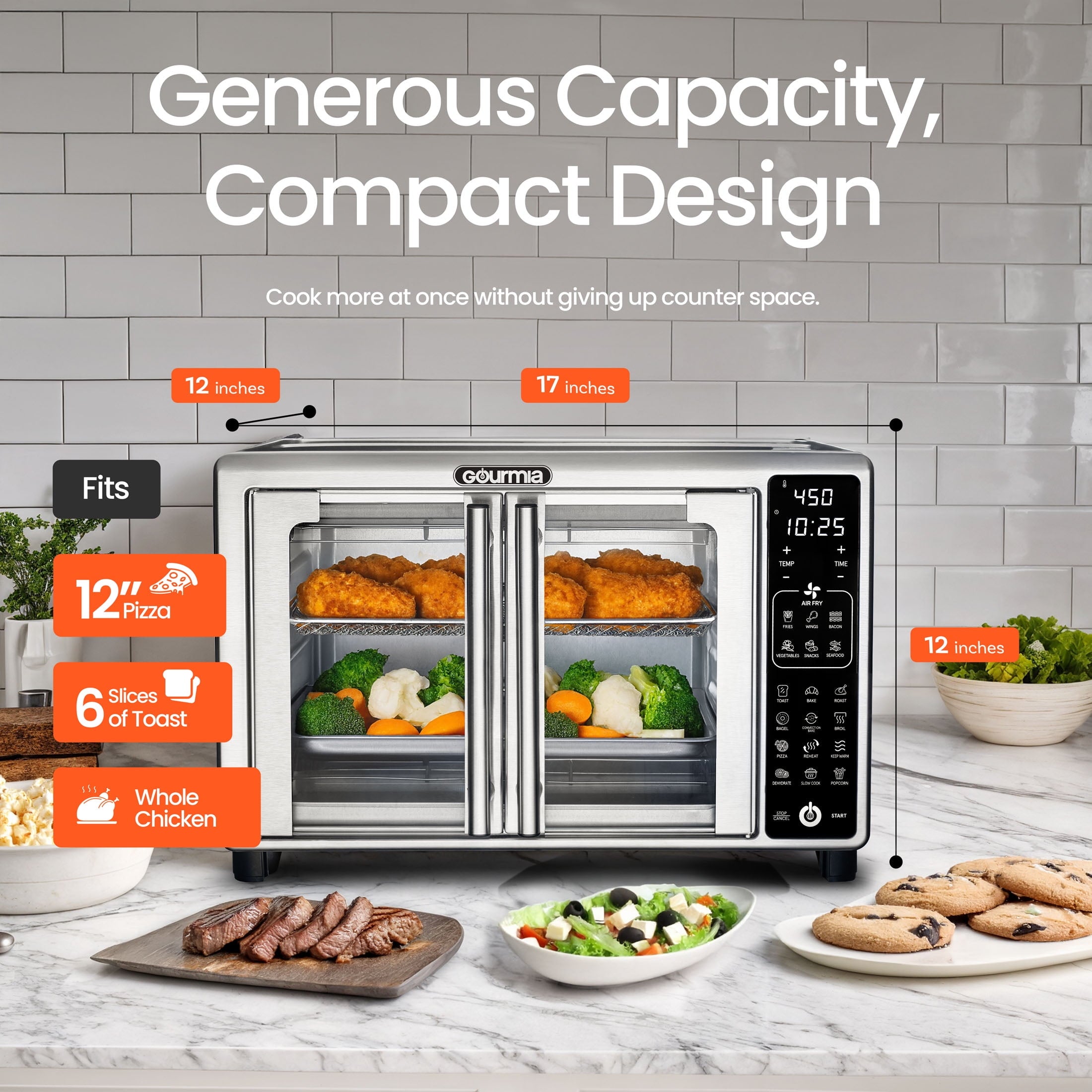 Gourmia French Door 6-Slice Digital Toaster Oven Air Fryer, 19 One-Touch Presets, 24L, Stainless Steel