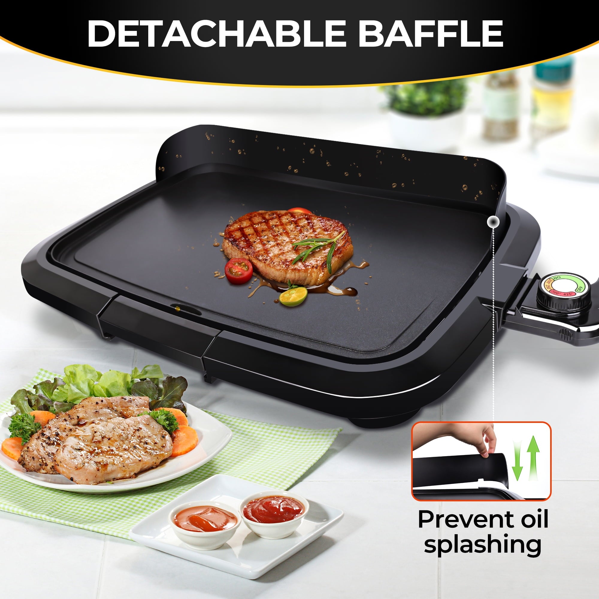 Casualife Electric Griddle with Removable Grease Guard, Adjustable Temp Control, Non-Stick Griddle, 12" x 18", Black