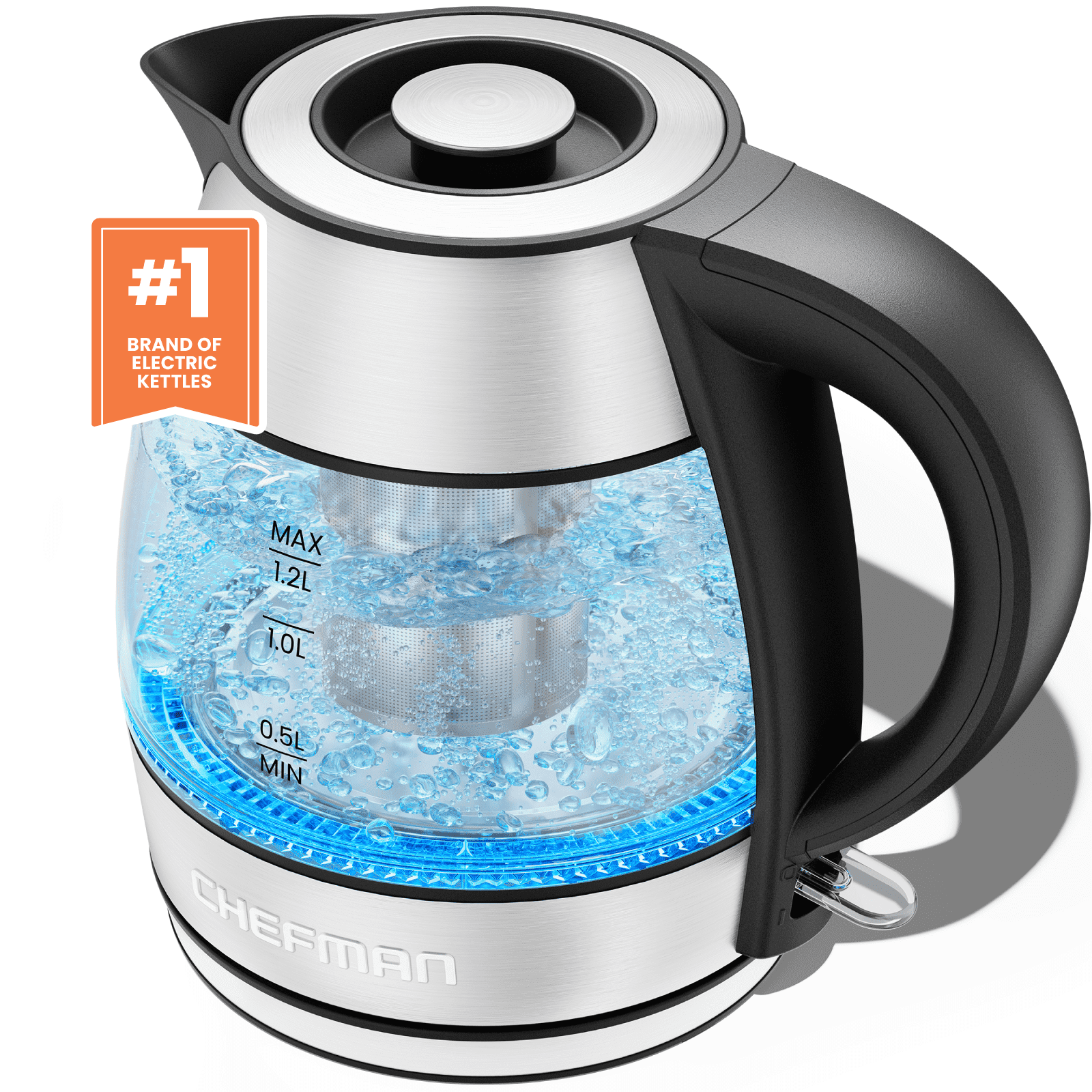 Chefman Rapid Boil 1.2L Electric Tea Kettle w/ Tea Infuser and Removable Lid - Stainless Steel, New