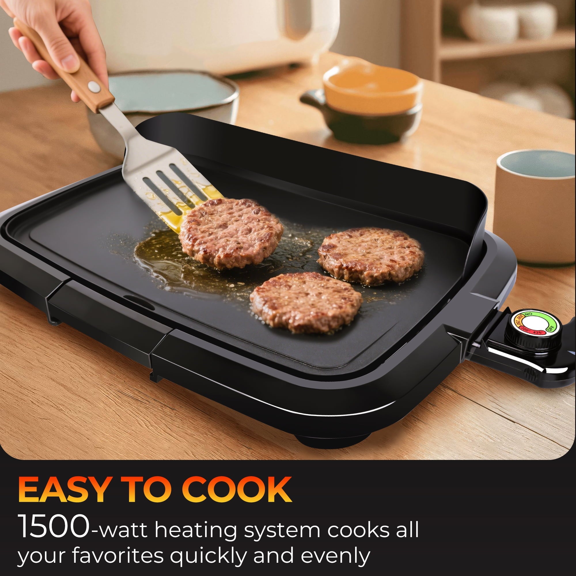 Casualife Electric Griddle with Removable Grease Guard, Adjustable Temp Control, Non-Stick Griddle, 12" x 18", Black