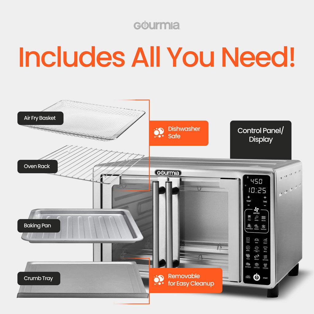 Gourmia French Door 6-Slice Digital Toaster Oven Air Fryer, 19 One-Touch Presets, 24L, Stainless Steel