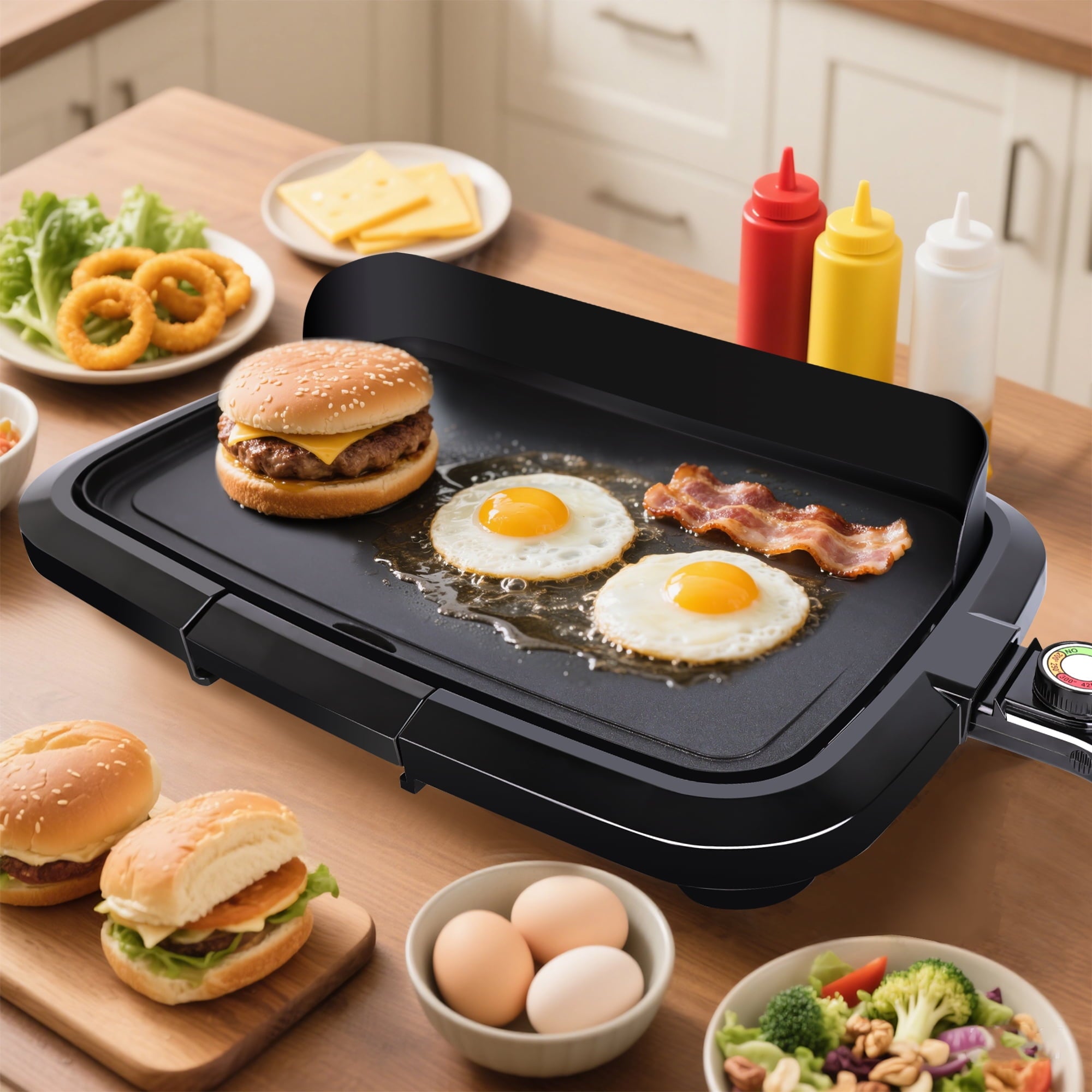 Casualife Electric Griddle with Removable Grease Guard, Adjustable Temp Control, Non-Stick Griddle, 12" x 18", Black
