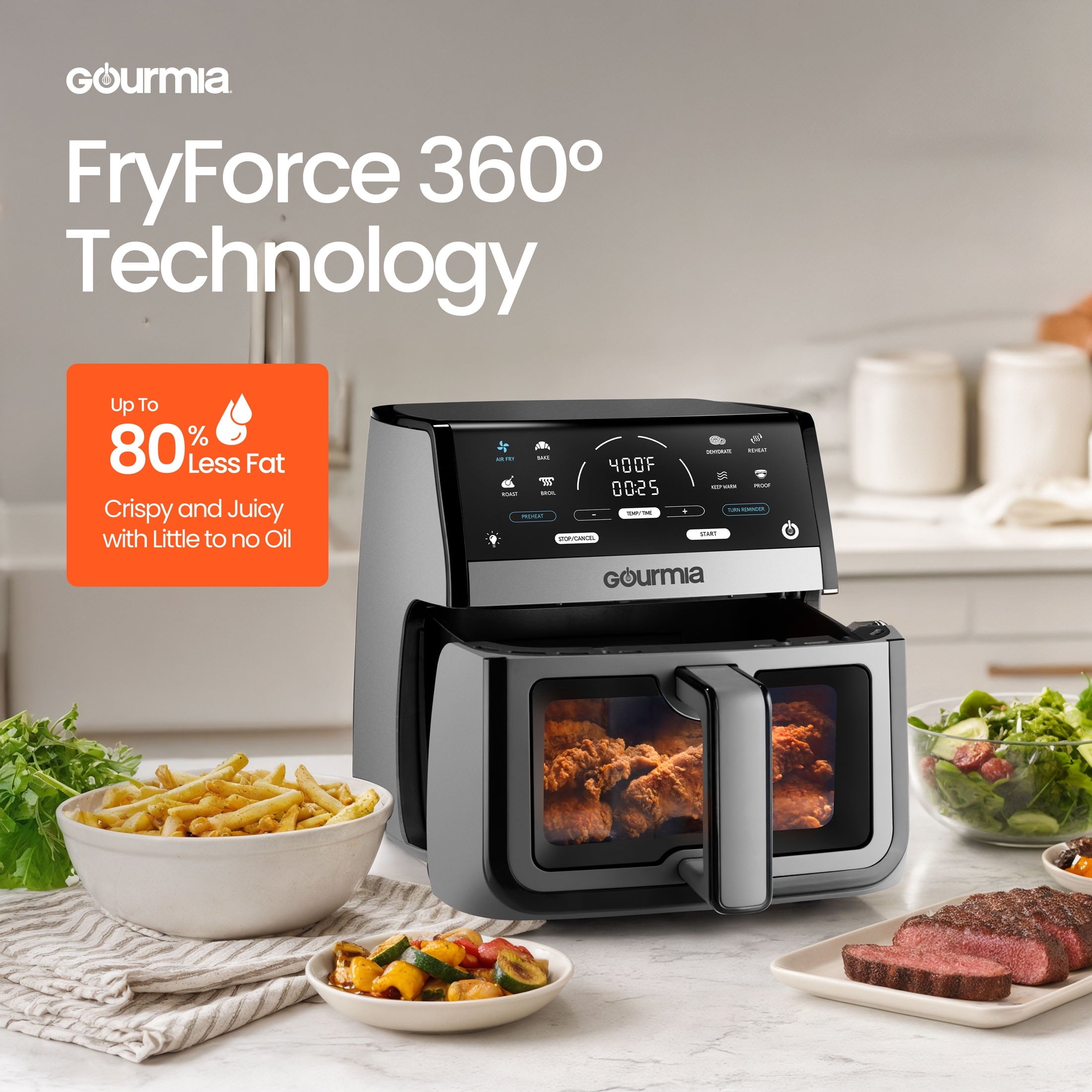 Gourmia 8 Qt Digital Window Air Fryer with 8 One-Touch Cooking Functions, Gray